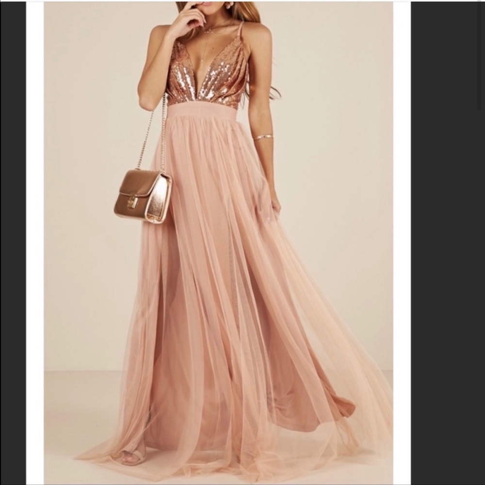 Rose gold maxi bridesmaid / semi formal dress